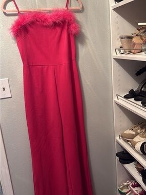 Pink Feather-Trim Strapless Jumpsuit